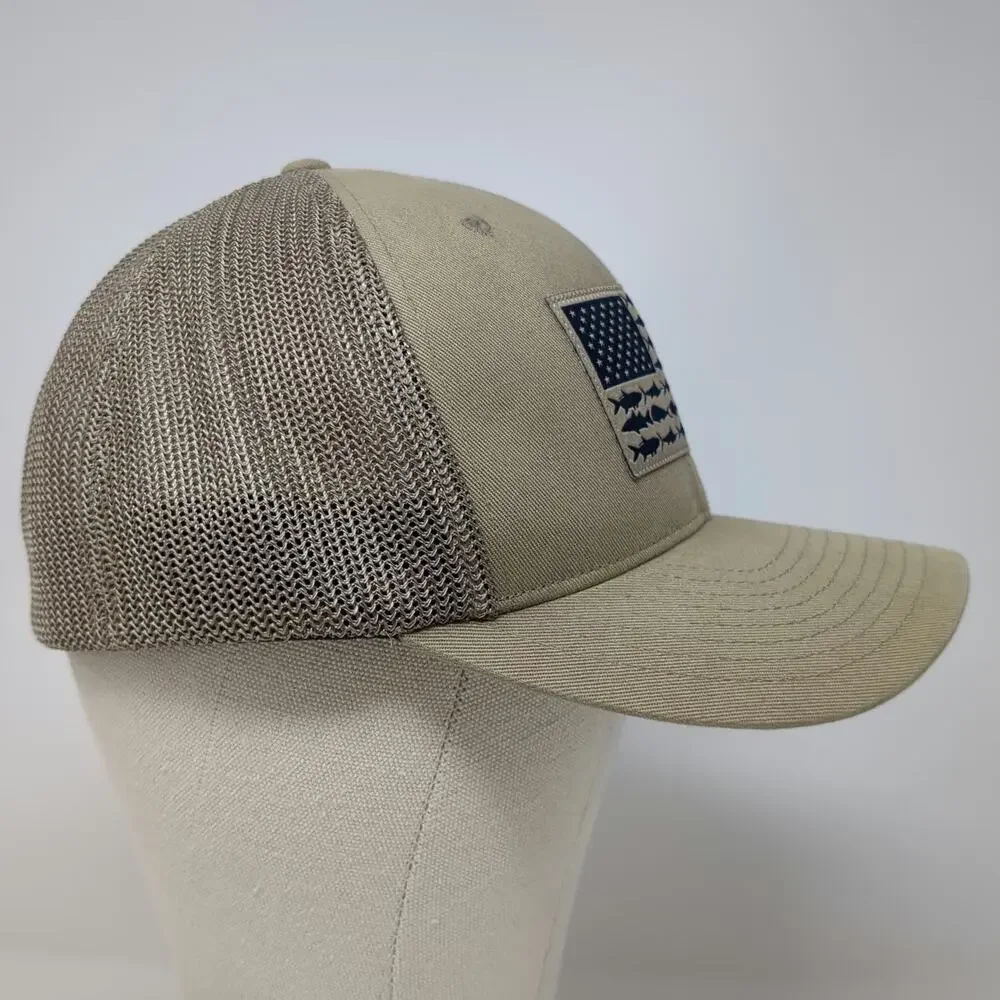 Columbia PFG Baseball Cap Beige One Size Mesh American Flag Fish Patch Hat Blue